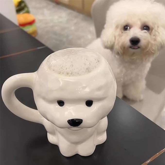 Coffee Mug Cups Ceramic Tea Cup Cute 3D Bichon Frise Dog Shaped Handmade Pottery Cute Mugs Handle Office Home Hot Ice Chocolate Milk Mugs Gifts Microwave Dishwasher Safe 14 Oz Travel Mug (White dog)