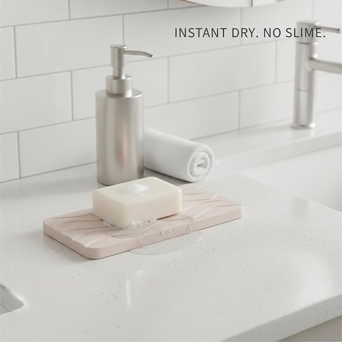 Diatomaceous Earth Soap Dish, Rectangular Stone Bar Soap Holder for Bathroom Sink & Shower, Absorbent Tray (8.7 x 3.5 Inch)