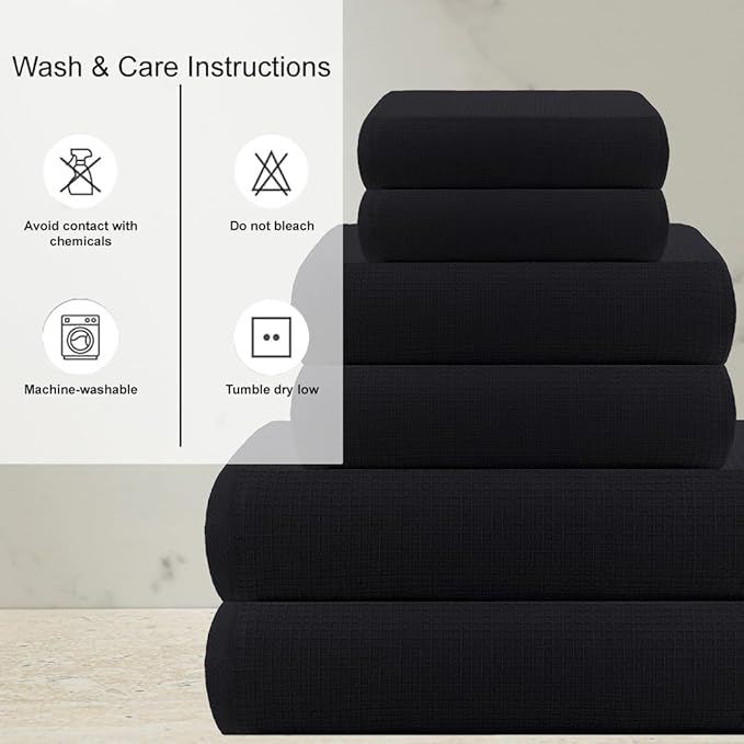 CASA COPENHAGEN Wafffle 4Pcs 100% Egyptian Cotton Large Designer Towels Gift Set- Dark Black, 55"x27", 4Bath Towels for Bathroom (Box Pack, Gift Set for Women & Men)