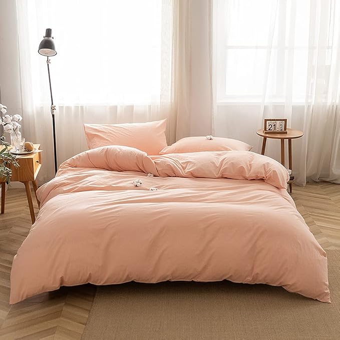 FACE TWO FACE Bedding Duvet Cover Set100% Washed Cotton Duvet Cover Linen Like Textured Breathable Durable Soft Comfy (Twin, Pink)