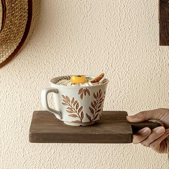 4 Pack 12oz Embossed Leaf Ceramic Coffee Mugs, Vintage Speckled Stoneware Tea Cups, Rustic Brown Spring Leaf Large Drinking Mugs, Microwave & Dishwasher Safe, Farmhouse Kitchen Decor, Gift Set