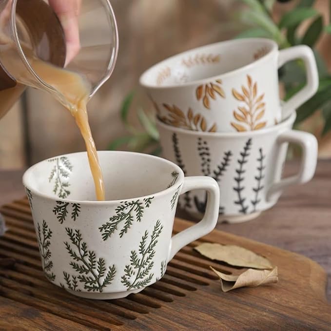 4 Pack 12oz Embossed Leaf Ceramic Coffee Mugs, Vintage Speckled Stoneware Tea Cups, Rustic Brown Spring Leaf Large Drinking Mugs, Microwave & Dishwasher Safe, Farmhouse Kitchen Decor, Gift Set