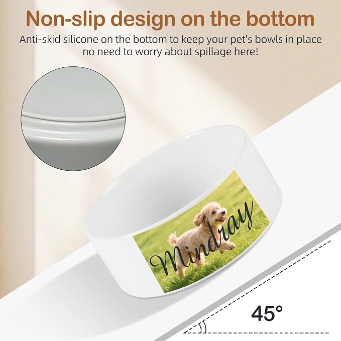 2 Pack Custom Ceramic Dog Bowl, Personalized Food & Water Dish with Photo Name, Cat and Dog Food Bowl with Wood Stand Non-Slip Matte Glaze Weighted