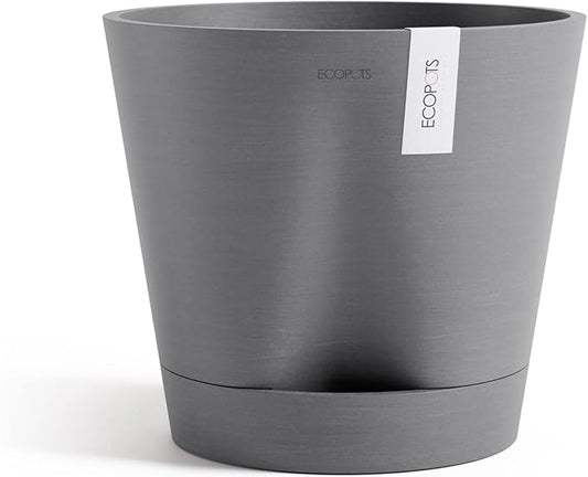 Ecopots Venice 2 Durable Modern Round Indoor/Outdoor Recycled-Based Composite Flower Pot Planter w/Water Reservoir, Grey, 12"