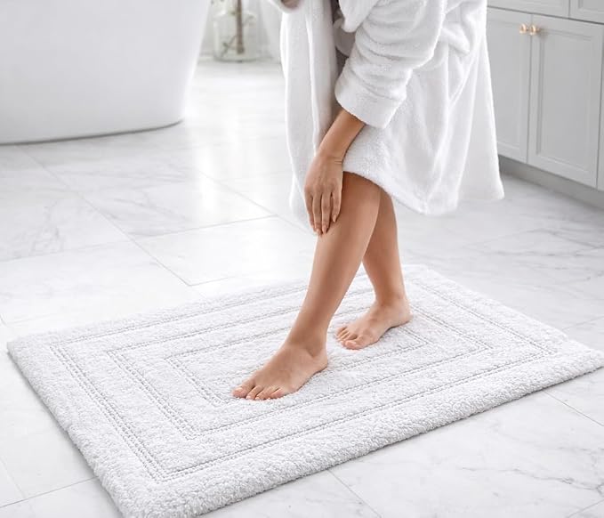 Bedding Craft Cotton Bath Mat Rug 21x34, Reversible Bathroom Rug, Water Absorbent, Machine Washable, Soft Cloth Bathmat for Outside Bathtub, Off White