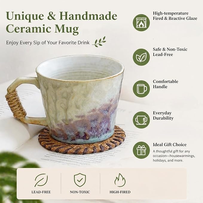 10oz Retro Vintage Japanese Style Handmade Ceramic Tea Cup with Handle, Lead-Free Reactive Glaze Artisanal Coffee Mug, Handmade Pottery Tea Mug for office and home,for Latte and Cappuccino,Purple