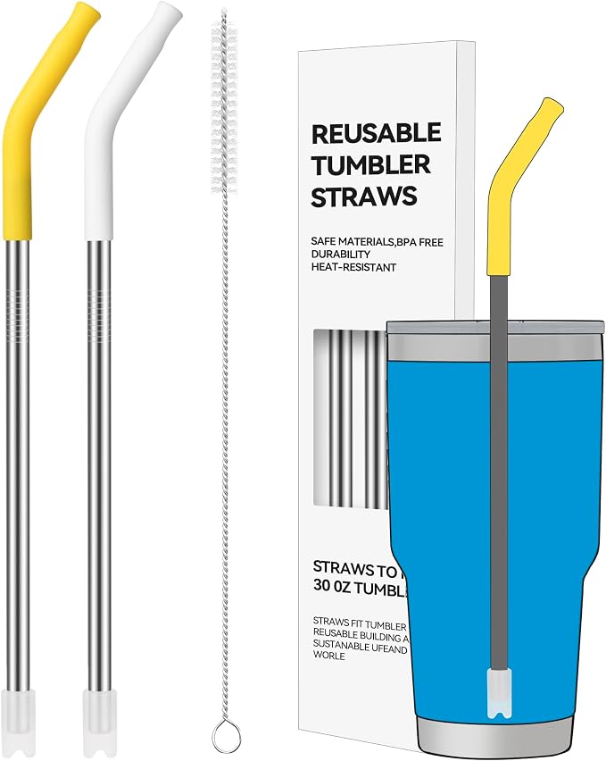 2 PCS 30oz Reusable Straws Ideal for 30oz Stanley Cup & 24oz Tumblers | Stainless Steel Drinking Straw with Anti-Clank Silicone Bottom, Fits Most Medium-Size Mugs