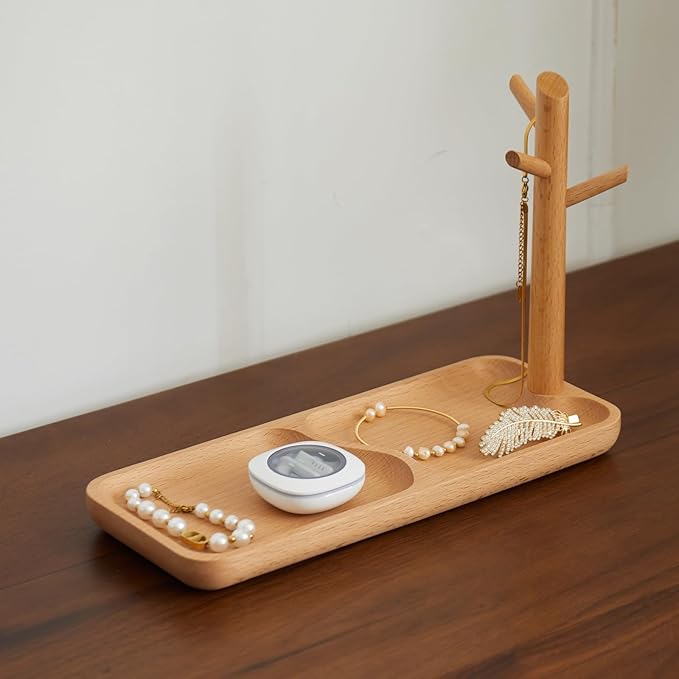 Solid Beech Wood Key Tray and Bowl for Entryway Table - Smooth Polished Branch-Shaped Organizer With Hooks for Keys, Wallet, Jewelry, Glasses (Beech, Rectangle)