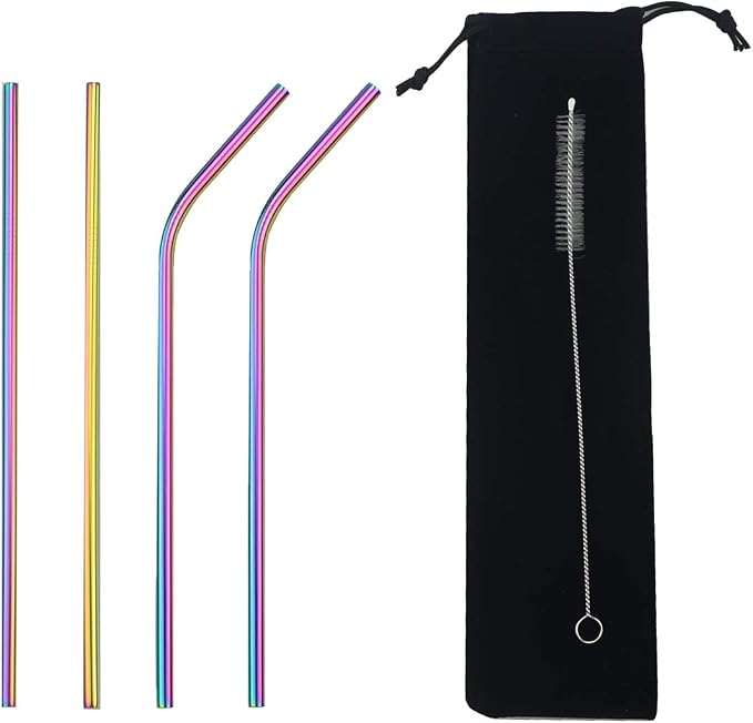 Metal Straws Stainless Steel Straws 8.5" Drinking Straws Reusable 4 Set - Ultra Long Muti Color-Cleaning Brush for 20/30 Oz for Trail Tumblers Yeti RTIC SIC Ozark (2 Straight|2 Bent|1 Brush）