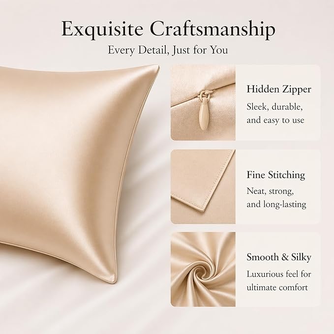 Premium Silk Pillow Cases King with Zipper Made in USA, Oeko-TEX Certified Real Mulberry Silk Pillowcase Beige for Hair and Skin, 22 Momme, Anti Wrinkle Pillow Cover, 1 Pack 20"x36" (King, Beige)