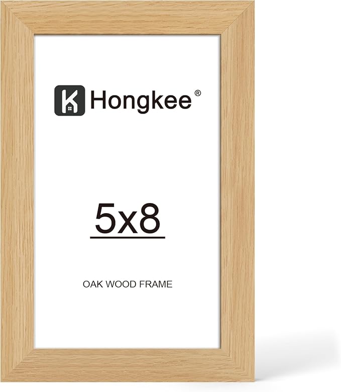 Hongkee 5x8 Oak Wood Picture Frame (1 Pack, Natural) with Real Glass Cover | 5 x 8 Solid Wood Frame for Wall or Tabletop Display - Includes Easel Back, Vertical Hang - Ideal for Home, Office