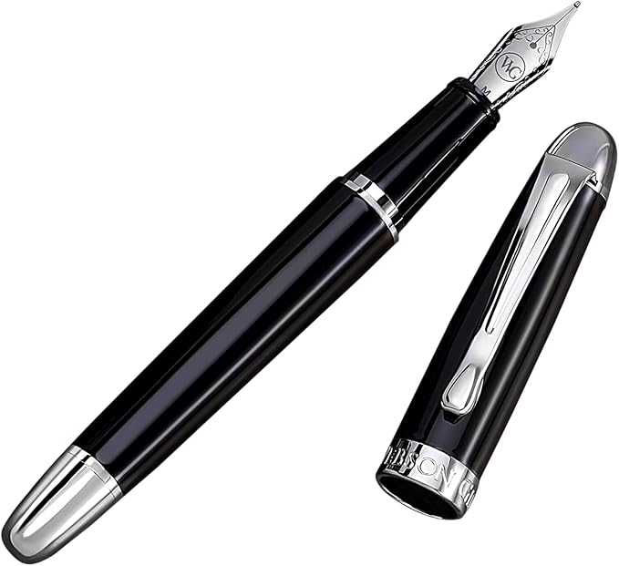 'The Boss' Black Luxury Executive Fountain Pen, Polished Lacquer, Chrome Accents, Stainless Steel Nib, Easy Refill Ink Piston Converter, Smudge Free, No Bleed, Fits Our Instant Insert Ink Cartridges