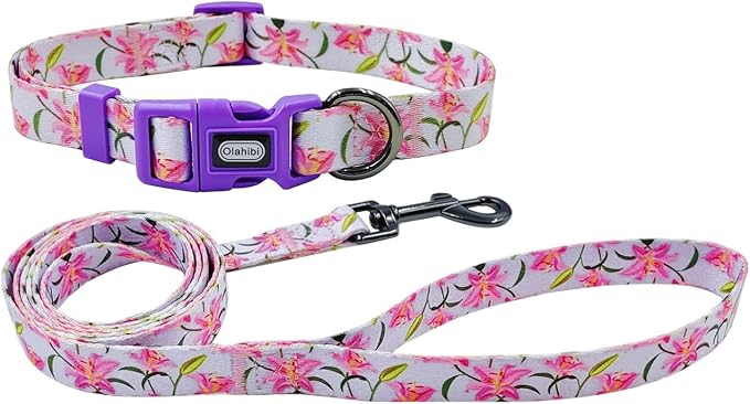 Dog Collar Leash Set, Floral Pattern, Polyester Material, Adjustable Collar and 5ft Matchcing Leash, for Large Dogs.(L, Purple Lily)