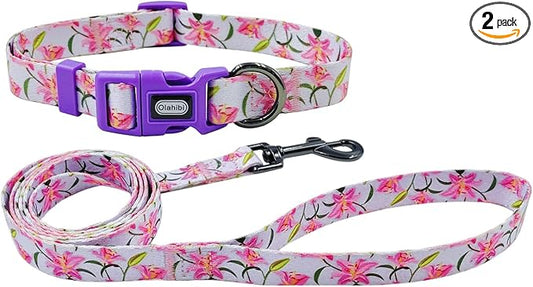 Dog Collar Leash Set, Floral Pattern, Polyester Material, Adjustable Collar and 5ft Matchcing Leash, for Puppy Dogs.(XS, Purple Lily)