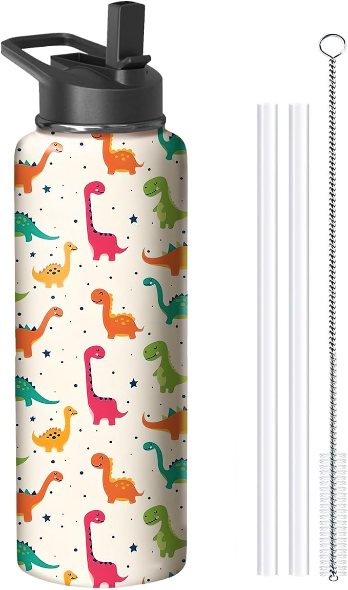 40oz Cute Dinosaur Water Bottle with Handle and Flip Straw, Animal Sports Stainless Steel Insulated Cup Travel Coffee Mug Tumbler, Birthday Mothers Day Chritmas Gifts for Women