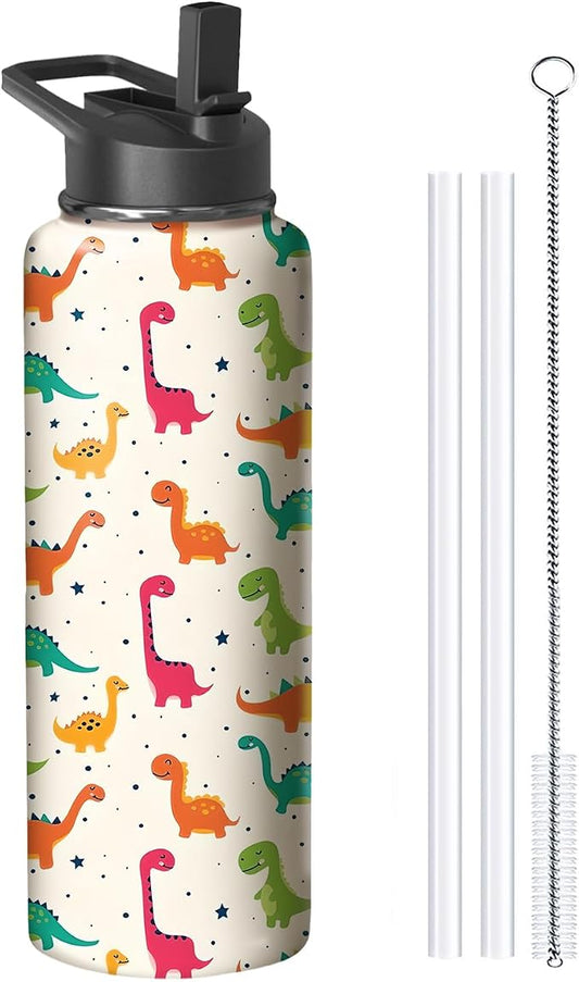 40oz Cute Dinosaur Water Bottle with Handle and Flip Straw, Animal Sports Stainless Steel Insulated Cup Travel Coffee Mug Tumbler, Birthday Mothers Day Chritmas Gifts for Women