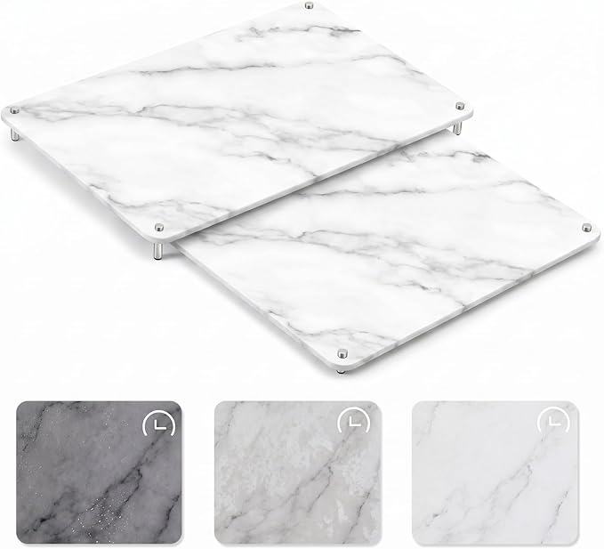 2 Pcs 24"x16" & 20"x16" Large Nesting Stone Dish Drying Mats for Kitchen Counter Absorbent Quick Dry Diatomaceous Earth Mat with Non-slip Feet for Pot Dishes Cups Tableware (Marble Color)