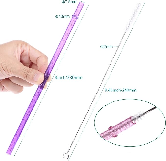 Dakoufish BPA-Free 12 Piece 9 Inch Reusable Clear Plastic Glitter Sparkle Drinking Straw Plus one Cleaning Brush (6color,9inch)