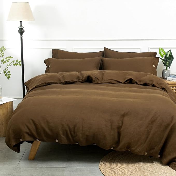 S VICTORY SYMBOL 100% Organic Linen Duvet Cover Set 3pcs Queen Size,Natural French Washed Flax Bedding (1 Duvet Cover and 2 Pillowcases) with Coconut Button Closure,Pinecone Brown