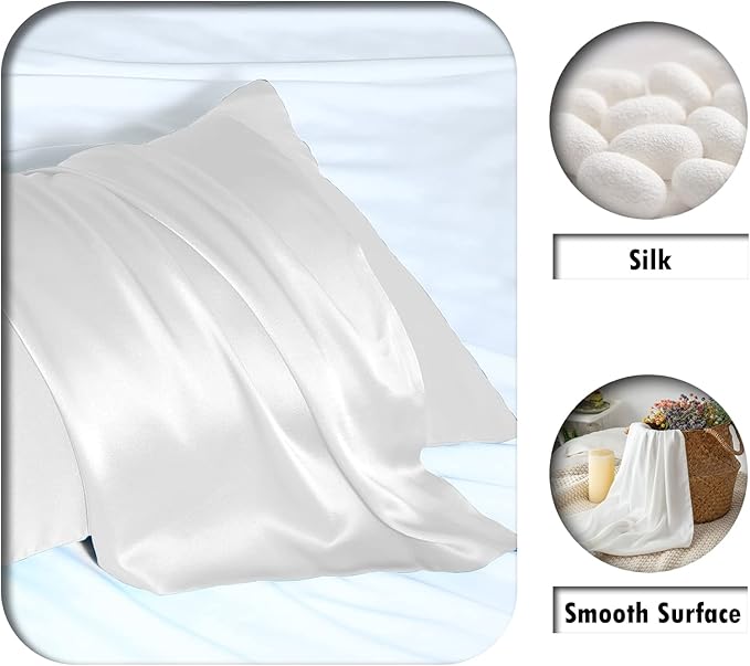 Silk Pillow Cases 2 Pack,Soft Breathable and Sliky Queen Size Pillow Cases Set of 2,Natural Mulberry Silk Pillowcase Set of 2 for Hair and Skin with Hidden Zipper (White,20"X 30",2pcs)