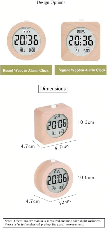 Nordic Style Solid Wood Alarm Clock - Minimalist Wooden Clock with LCD Display, Temperature & Date, Handmade, Rechargeable, Bedside Desk Decor for Home Office (Square)