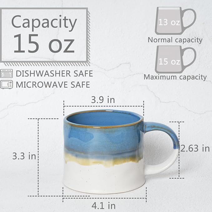 Bosmarlin Large Stoneware Coffee Mug Set of 2, Big Tea Cup for Office and Home, 15Oz, Dishwasher and Microwave Safe (Blue, 2)