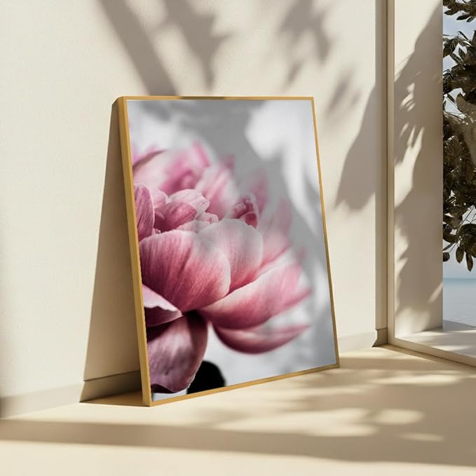 Monem Art Pink Peony Macro Photography Print - Minimalist Floral Art Poster - Wall Decor for Living Room, Bedroom or Office - 24x32 Gold Framed CANVAS Wall Art by Mareike Bohmer