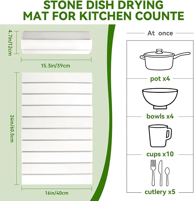23" x16" Stone Dish Drying Mat for Kitchen Counter, Collapsible Diatomaceous Earth Quick Dry Absorbent Large Dish Drying Mat Large