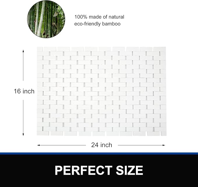 Bamboo Bath Mat Bathroom Rugs Floor Wood Shower Bathtub Waterproof Non Slip Accessories 16x24 Inch Easy to Clean, White, 1 pc