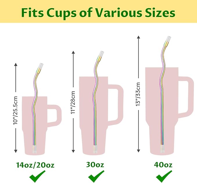 NiHome 6-Pack Wavy Iridescent Stainless Steel Straws with Silicone Tips, Bases & 2 Cleaning Brushes, 3 Sizes 9.25", 10.24" & 12.2", Reusable Metal Straws Fit for Stanley 30oz/40oz Tumblers, Cups