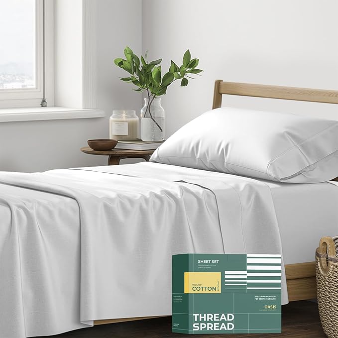 THREAD SPREAD 100% Organic Cotton Sheets Twin XL Size - 3 PC Organic Cotton Twin XL Size Percale Weave Sheet Set, Cooling, Crisp & Breathable, 16" Deep Pocket Bedding Set for Dorm Room - Light Grey