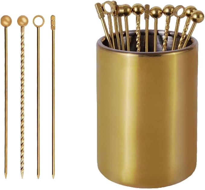 Lexenic 12-Piece Cocktail Picks Set with Holder, Premium 304 Stainless Steel Martini Skewers, Reusable Garnish Sticks for Olives, Appetizers & Fruit (4 Styles Golden)