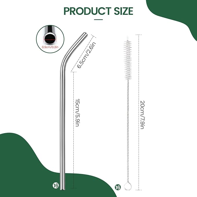 16 Pack 8.5 Inch Reusable Stainless Steel Straws Individually Wrapped,16 Straight Metal Straws with 16 Cleaning Brushes,Reusable Metal Straw for 20 oz Tumblers,Cold Drinking Stainless Steel Straw
