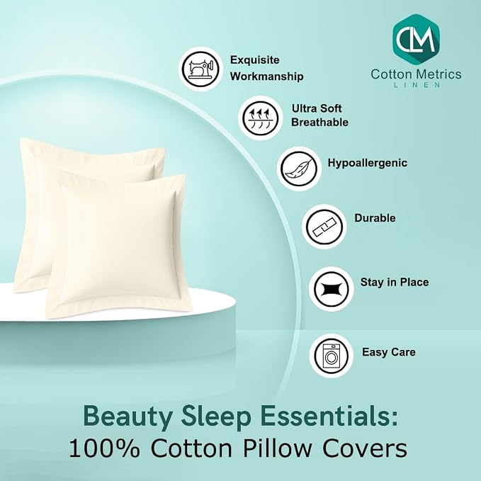 2 Pack Euro Pillow Shams 24x24 – 600 Thread Count 100% Organic Cotton Ivory Square Pillow Covers with 2 Inch Flange, Soft & Smooth Premium Hotel-Quality Pillowcases Set of 2