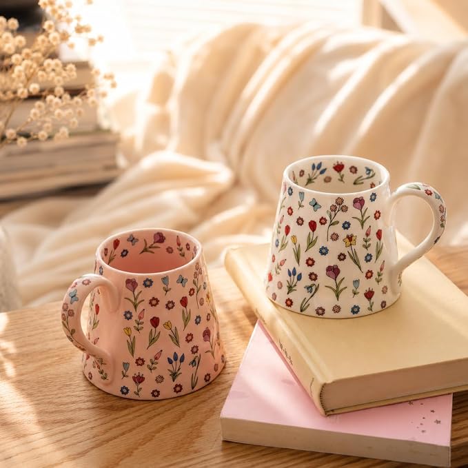 Coffee Mug Espresso Cup Ceramic Flower Porcelain Handmade Cup with Floral Design-White