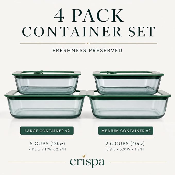 Crispa 8-Piece Teal Glass Food Storage Containers with Silicone Framed Glass Lids – 100% Plastic-Free Lunch Box Meal Prep Set (2x 40oz, 2x 20oz) – Leakproof Airtight Borosilicate for Freezer to Oven