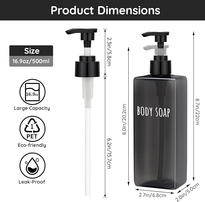 Segbeauty 16.9oz Black Shampoo and Conditioner Dispenser, 3pcs Refillable Plastic Empty Body Lotion Soap Dispenser Liquid Hand Gel Container for Bathroom, 500ml Pre-Printed Large Pump Bottles Kitchen