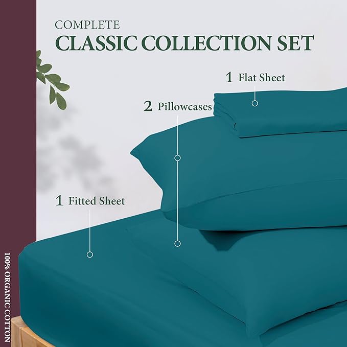 100% Organic Cotton Sheets Full Size - Organic Cotton Full Size Percale Weave Sheet Set (4 PC, Teal), Soft, Cooling, Crisp & Breathable, 16" Deep Pocket Hotel Quality Bedding Set