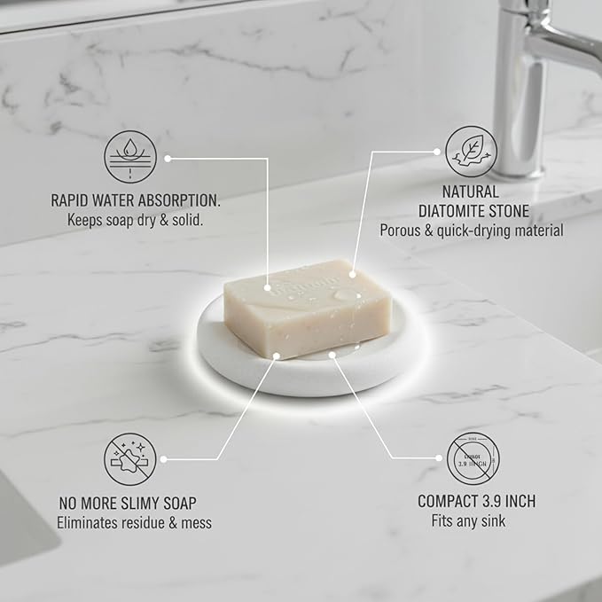 Round Diatomite Soap Dish for Bathroom Sink, Quick-Drying Stone Bar Soap Holder Tray, 3.9 Inch Diameter