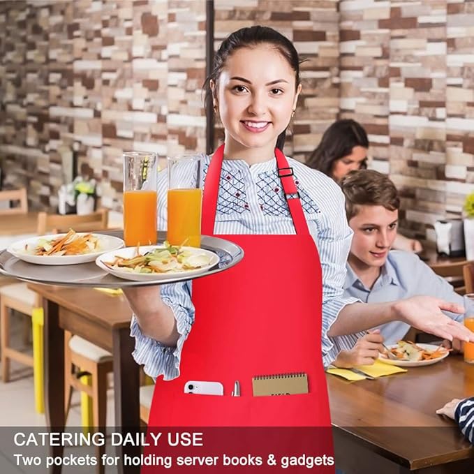 Jubatus 2 Pack 100% Cotton Aprons with 2 Pockets Cooking Chef Kitchen Adjustable Bib Apron for Women Men, Red