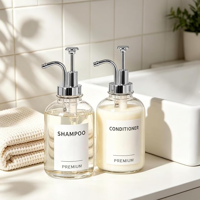 12oz Dish Soap Dispenser for Kitchen, Hand Glass Soap Dispenser Set with Pump, Tray, Funnel for Bathroom, Shower, Laundry, Liquid, Lotion (Silver 2 Pack Clear Bottles with 12 Stickers)