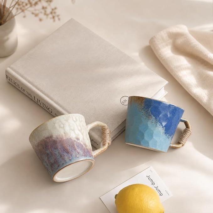 Unique Retro Vintage Japanese Style Primitive Handmade Ceramic Coffee Mug set of 2, Lead-Free Glaze Couple Mugs, Comfortable handle Pottery matching cups for anniversaries and Valentine's Day