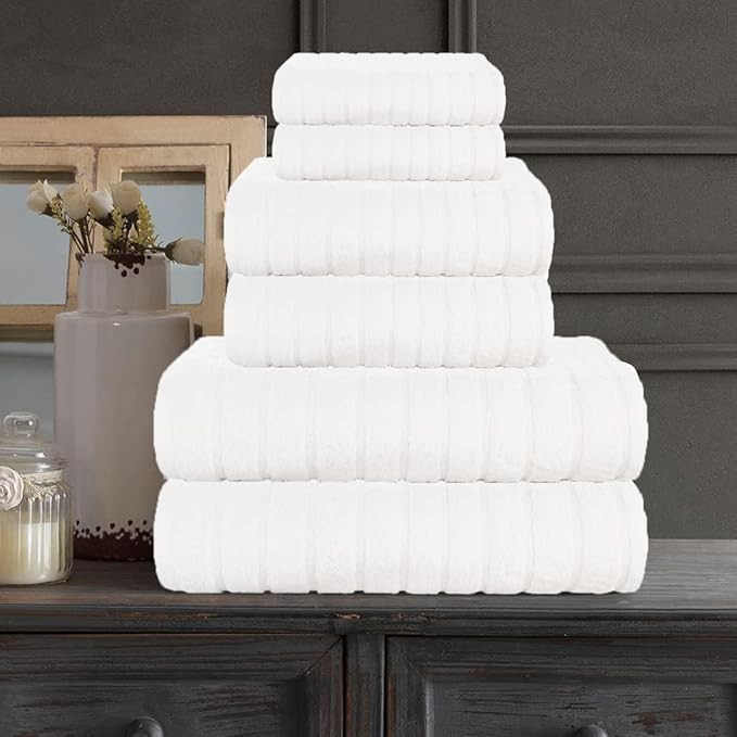 CASA COPENHAGEN Ecstatic 6Pcs 100% Egyptian Cotton Large Designer Towels Gift Set- Bright White, 600GSM, 2Bath 2Hand 2Washcloths, Bath Towels for Bathroom Set for Women & Men