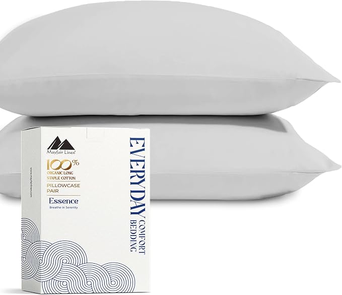Mayfair Linen 100% Organic Cotton King Size Pillow Cases Set of 2 - Soft Hotel Quality Covers for King Size Pillows (Light Grey), Authentic GOTS Certified, Crisp, Cooling Percale Cotton Pillowcases