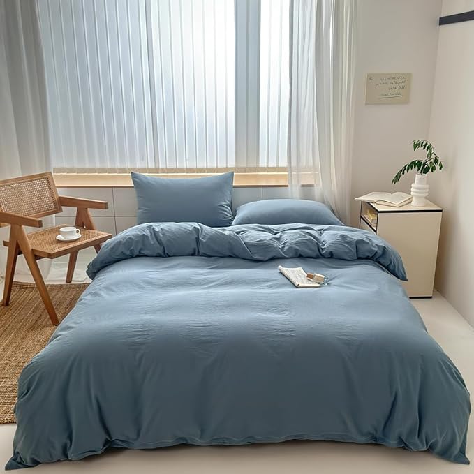 FACE TWO FACE Bedding Duvet Cover Set100% Washed Cotton Duvet Cover Linen Like Textured Breathable Durable Soft Comfy (Twin, Deep Gray Blue)