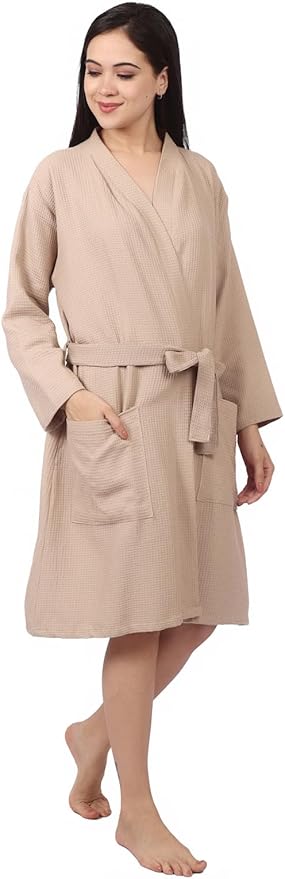 Women's Waffle Bathrobe – 100% Cotton, Lightweight & Absorbent, Spa Robe, Hotel & Lounge Robe