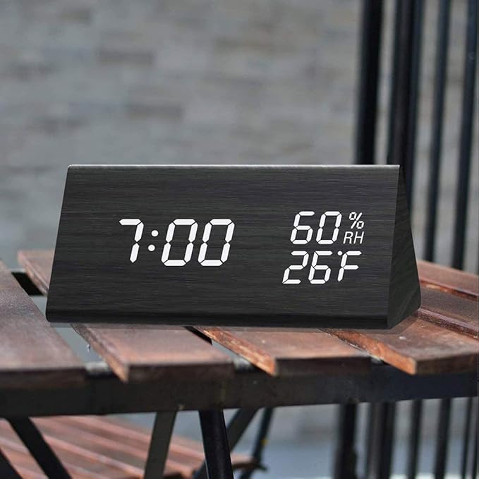 Digital Alarm Clock, Wooden Alarm Clock with Electronic LED Time Display, Humidity & Temperature Detect 3 Alarm Settings 3 Level Brightness Electric Clock for Bedroom Bedside Desk (Black wood)