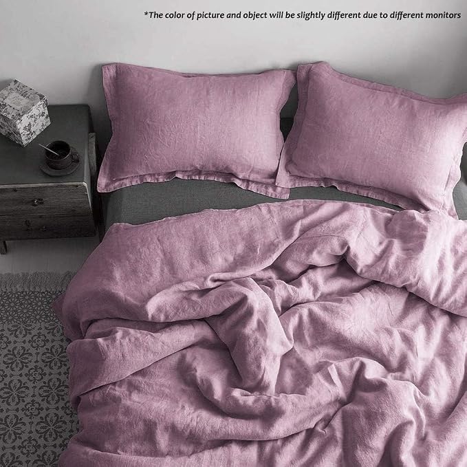 Simple&Opulence 100% Linen Duvet Cover Set with Embroidery Border Washed - 3 Pieces (1 Duvet Cover with 2 Pillow Shams) with Button Closure Soft Breathable Farmhouse - Purple, Queen Size