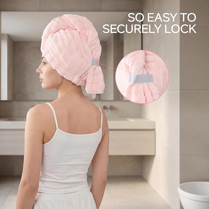 REDKISS 2 Pack Microfiber Hair Towel Wrap for Women, Super Absorbent Quick Dry Hair Turban for Thick Long Curly Hair, Large Stay-Put Anti-Frizz Hair Drying Towels, Pink Blue Gray