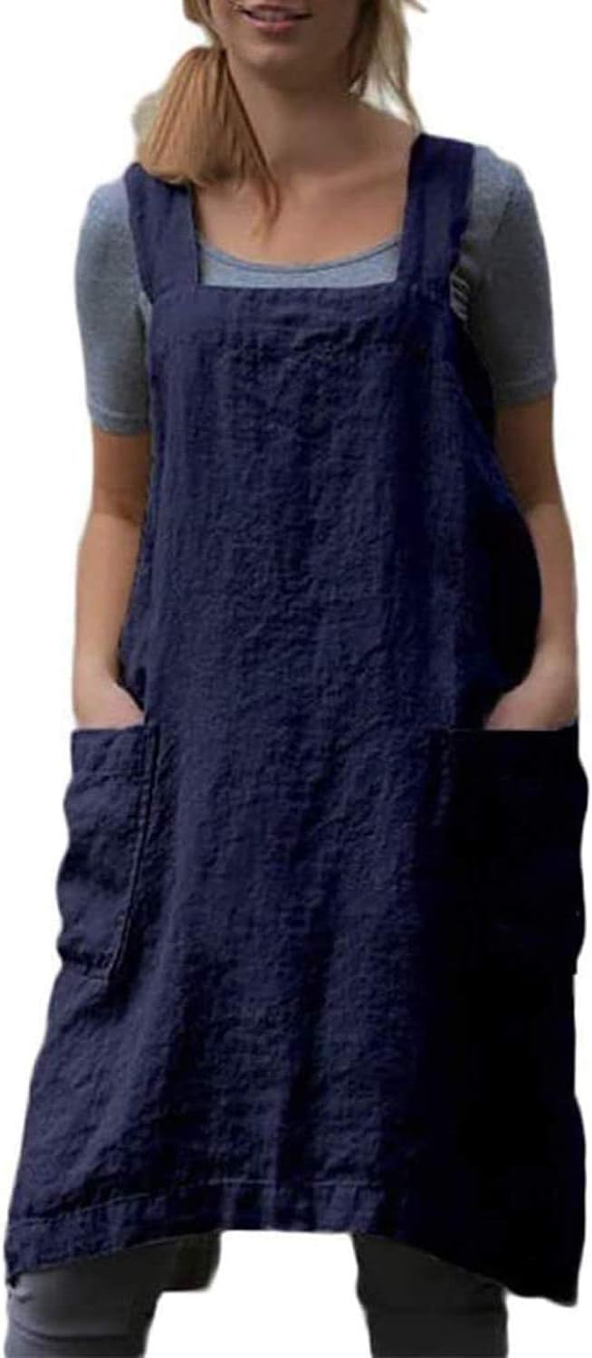 Cotton Linen Apron Cross Back Apron for Womens with Pockets Pinafore Dress for Baking Cooking